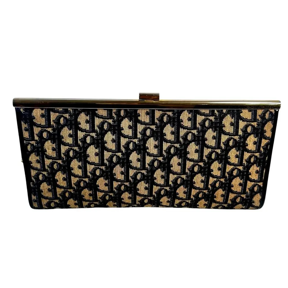 Vintage Christian Dior Oblique Trotter Frame Clutch Navy Canvas Made France
